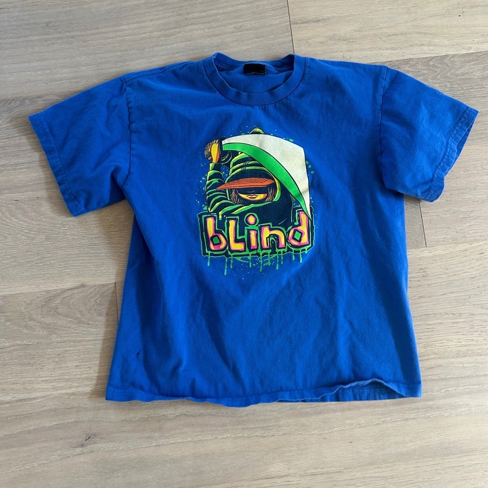 Vintage Kids Blind Skateboards Reaper Graphic Shirt Blue Logo Kanji Skater Tee